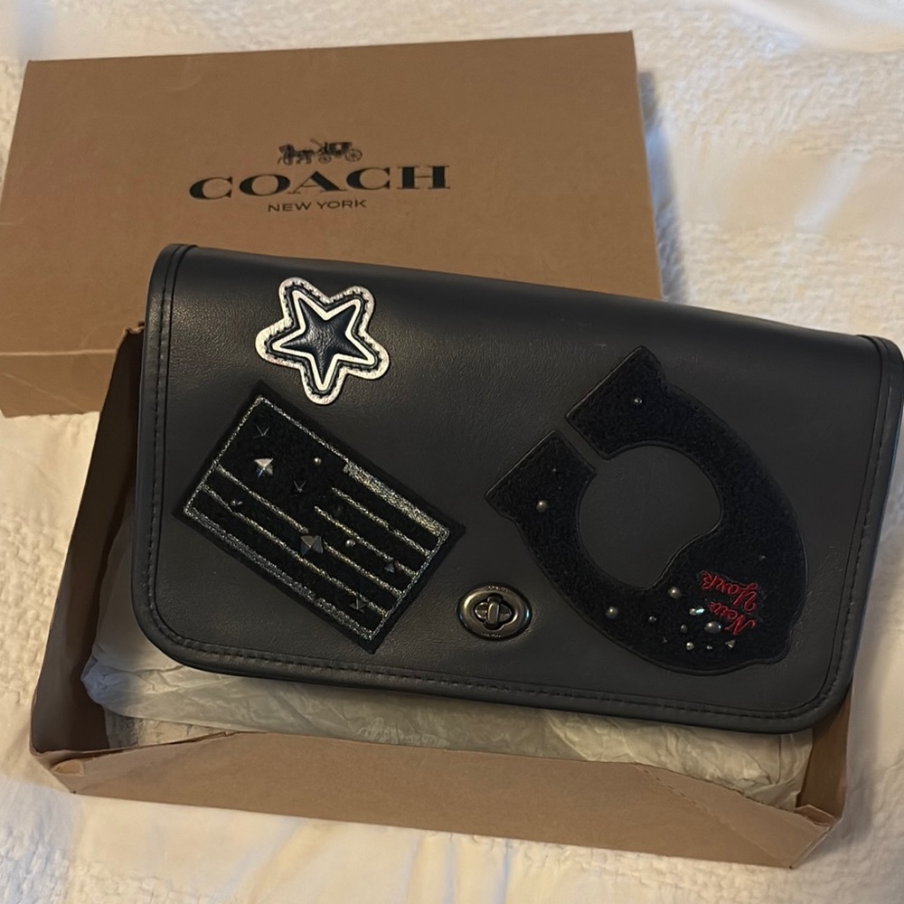 Coach charcoal Leather Clutch with Patches